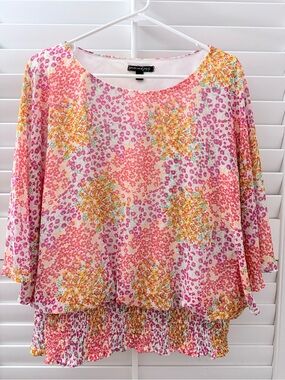Sam and Jess - Floral Smocked-Hem Blouse in Pink & Yellow